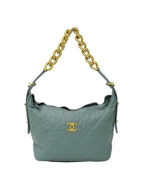 Chanel Quilted Shoulder Bag Leather Green Gold Chain
